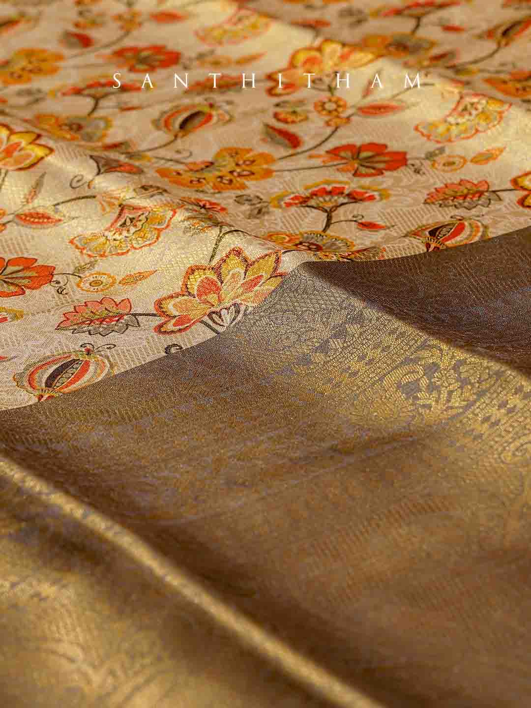 Beige and Gray Floral Print  Semi Silk Saree