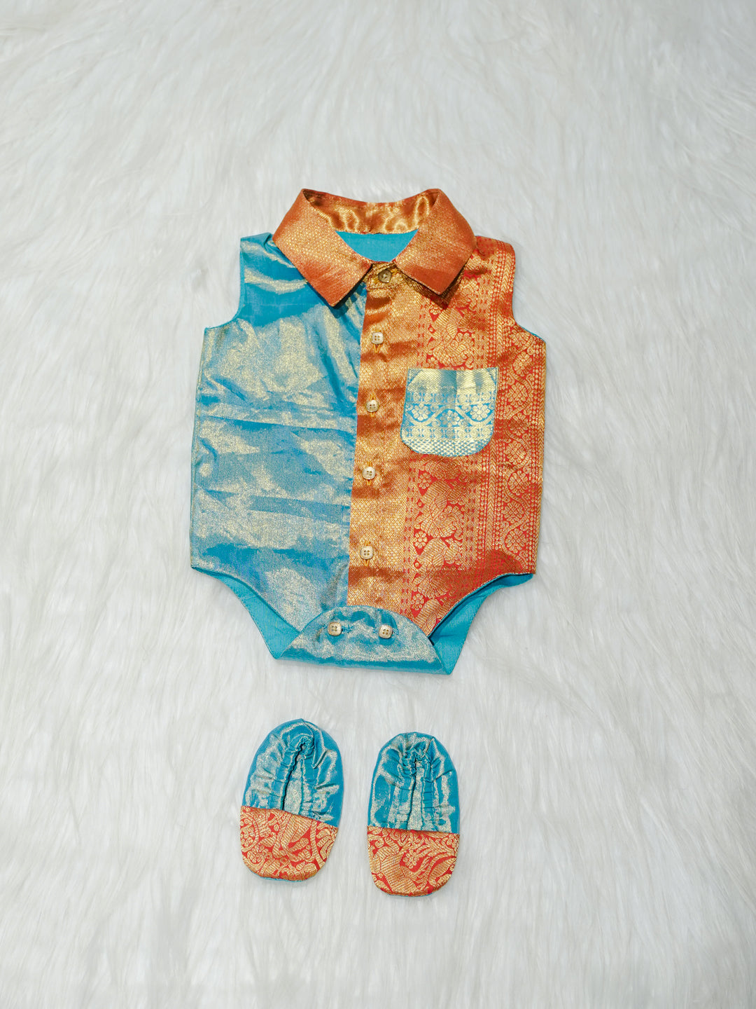 Teal & Orange Shimmer Newborn Boy Romper with Booties