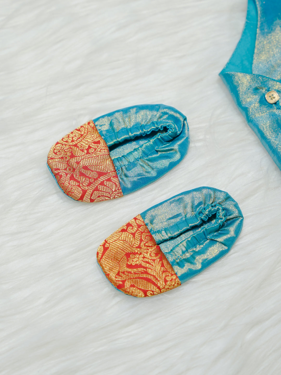 Teal & Orange Shimmer Newborn Boy Romper with Booties