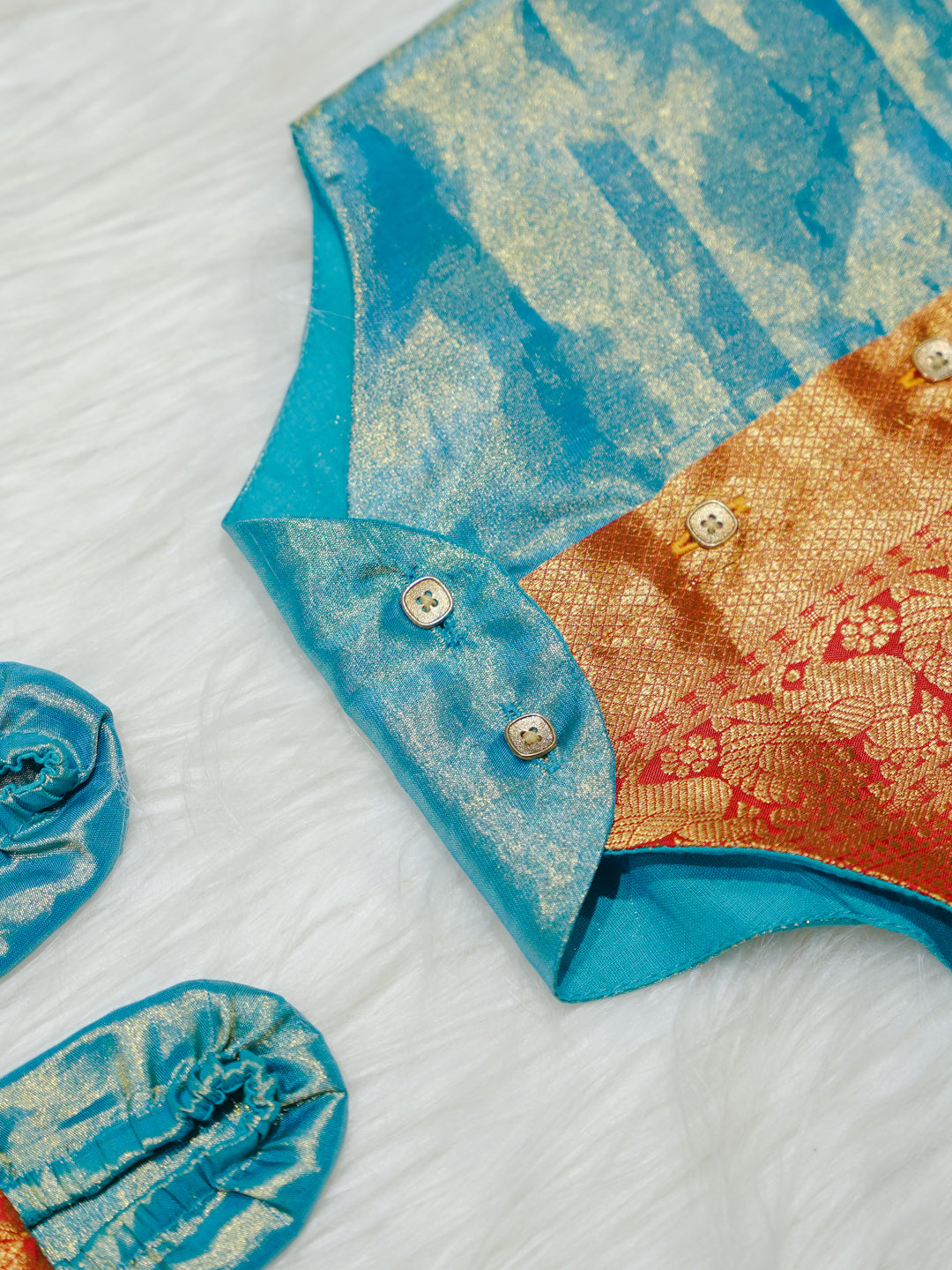 Teal & Orange Shimmer Newborn Boy Romper with Booties