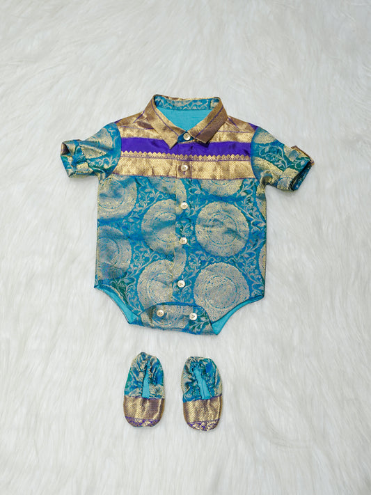 Teal & Purple Gold Medallion Newborn Boy Romper with Booties