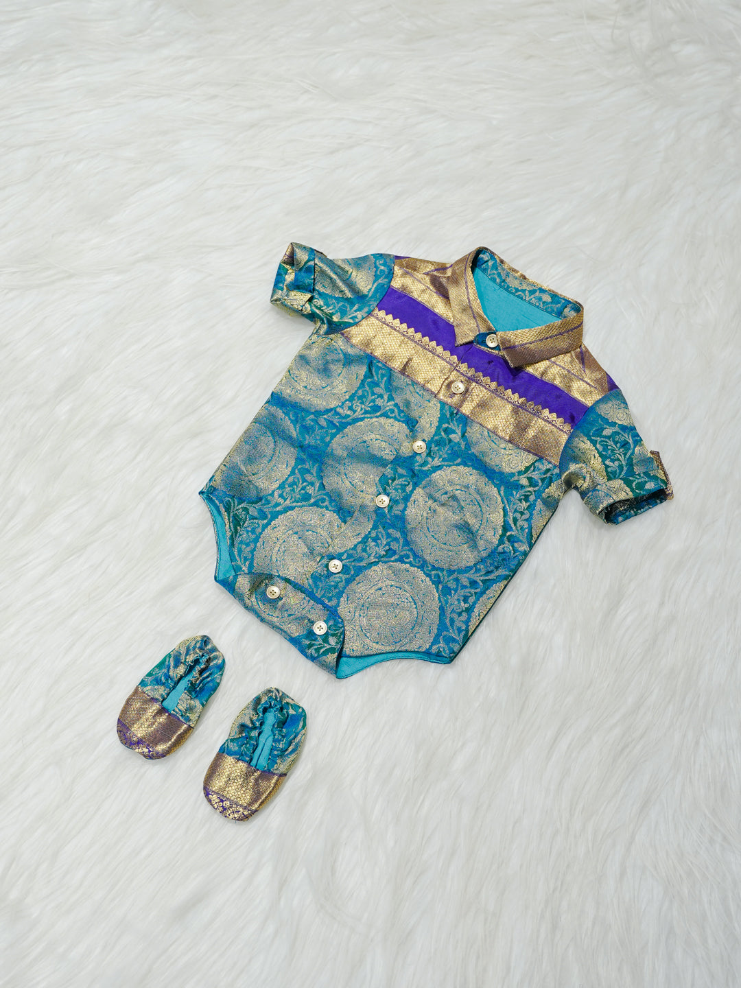 Teal & Purple Gold Medallion Newborn Boy Romper with Booties