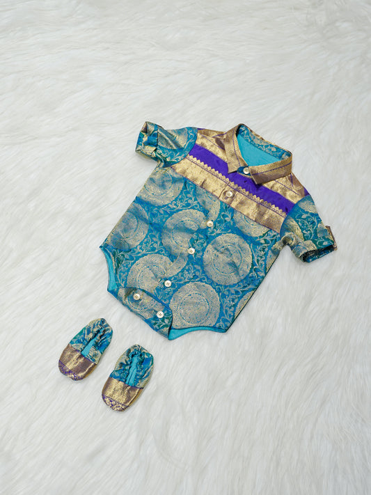 Teal & Purple Gold Medallion Newborn Boy Romper with Booties