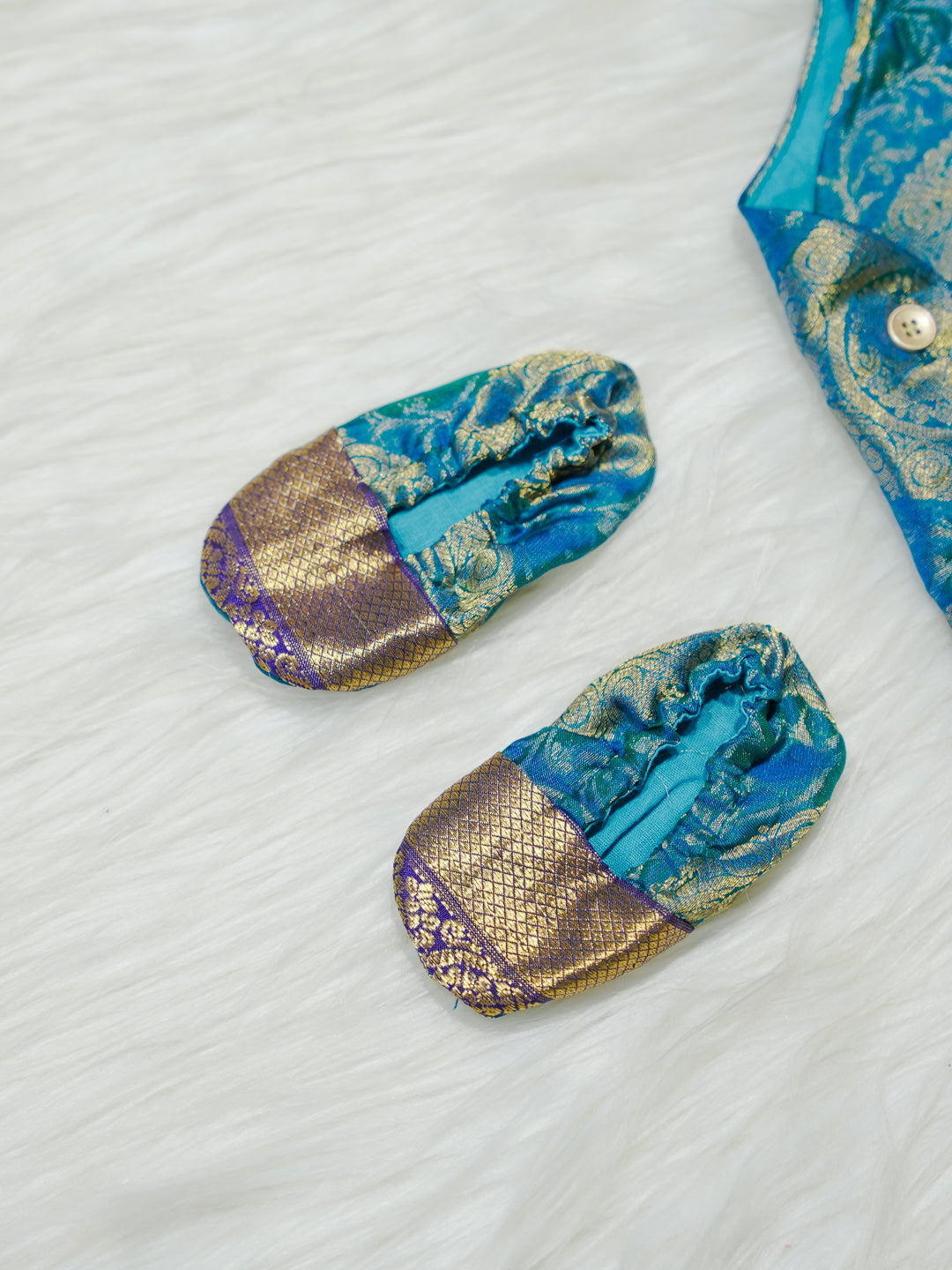 Teal & Purple Gold Medallion Newborn Boy Romper with Booties