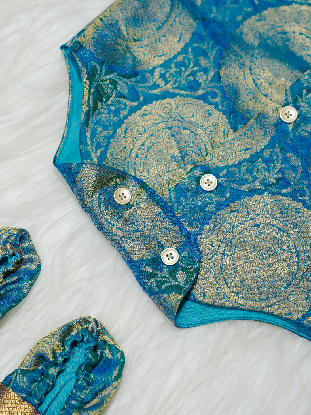Teal & Purple Gold Medallion Newborn Boy Romper with Booties