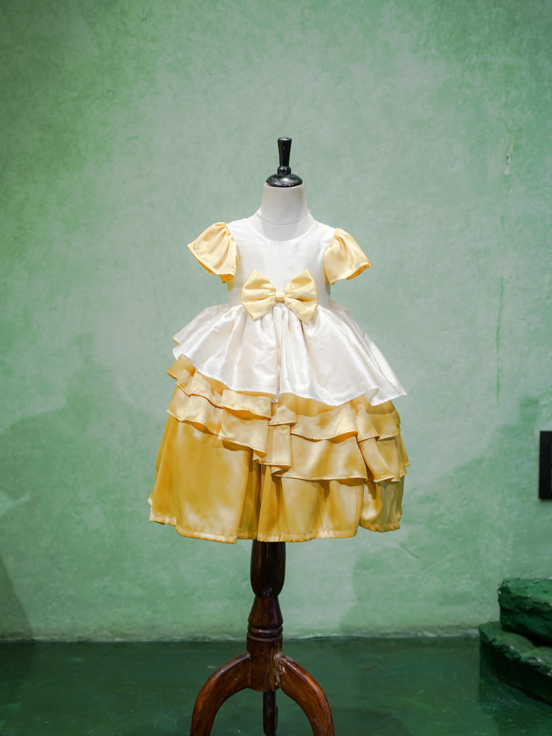 White & Gold Ruffled Satin Party Gown