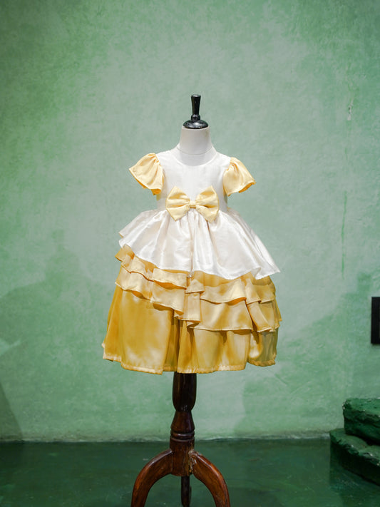 White & Gold Ruffled Satin Party Gown