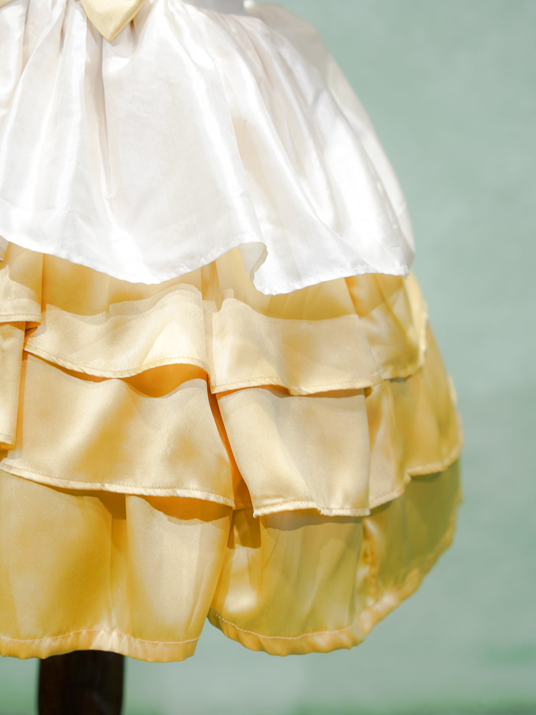 White & Gold Ruffled Satin Party Gown