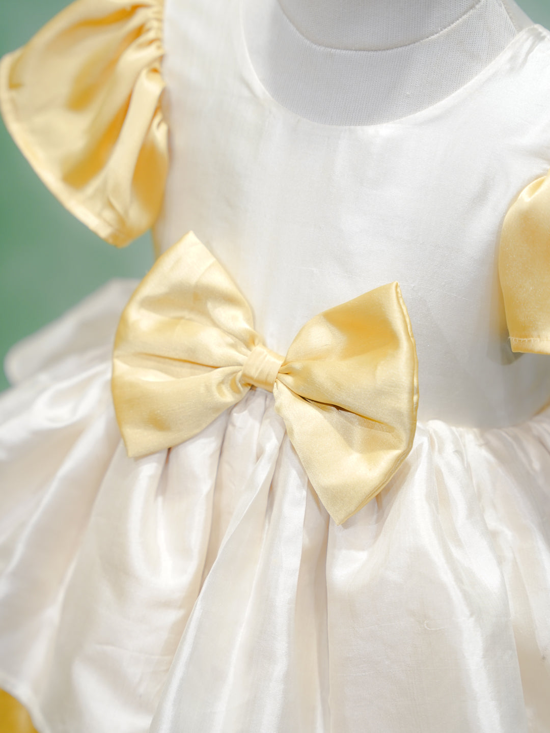 White & Gold Ruffled Satin Party Gown