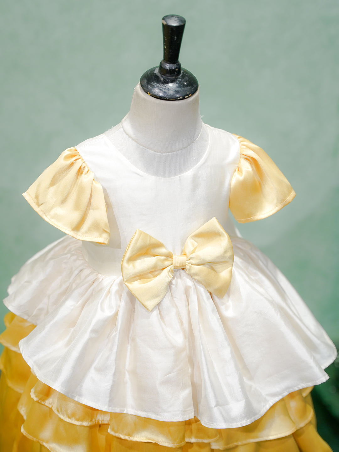 White & Gold Ruffled Satin Party Gown