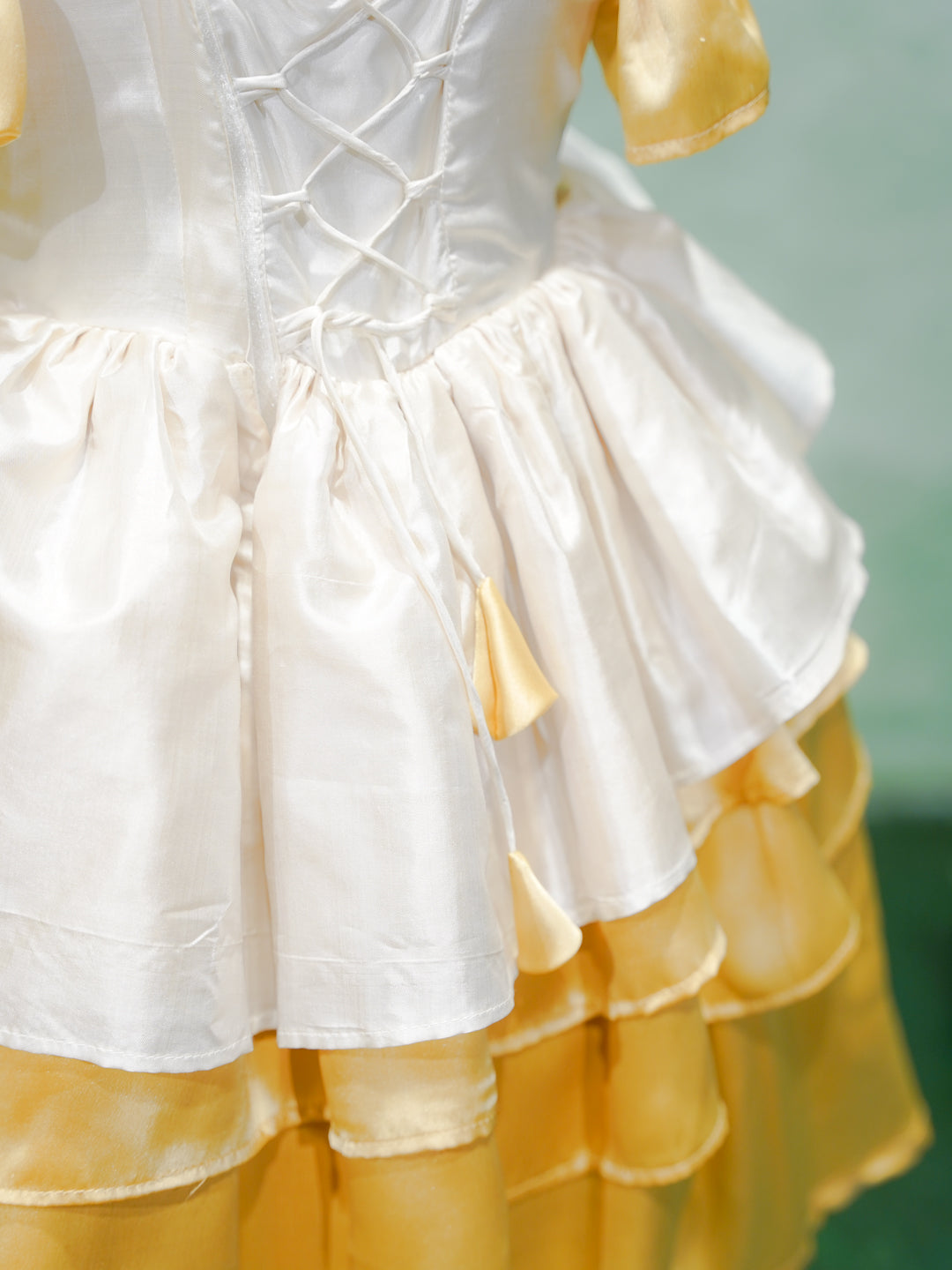 White & Gold Ruffled Satin Party Gown
