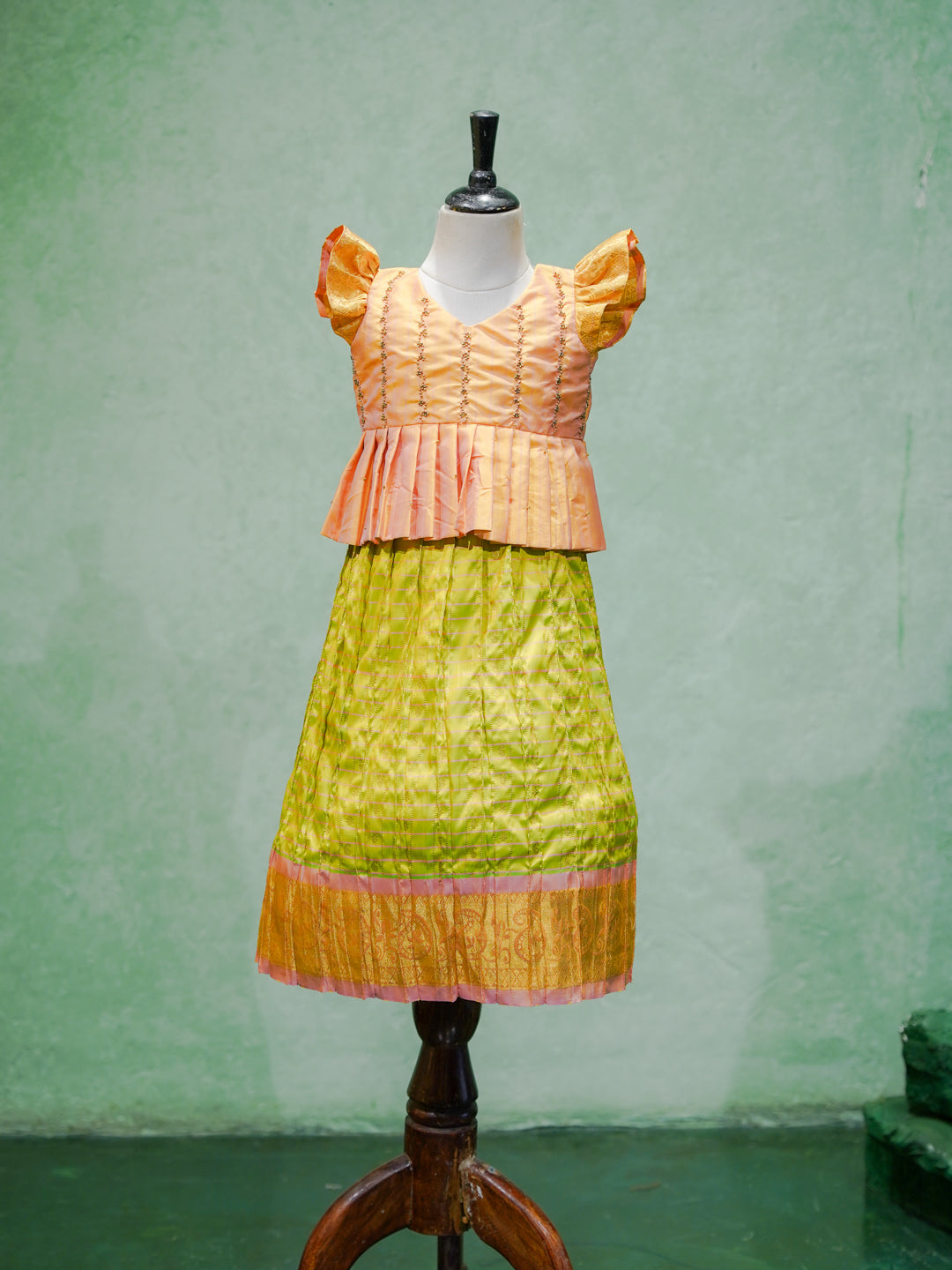Peach & Lime Green Silk Pattu Pavadai Set