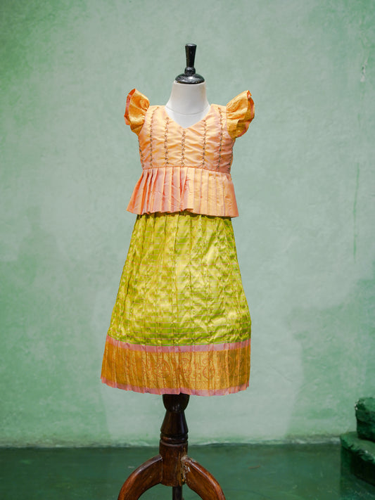 Peach & Lime Green Silk Pattu Pavadai Set