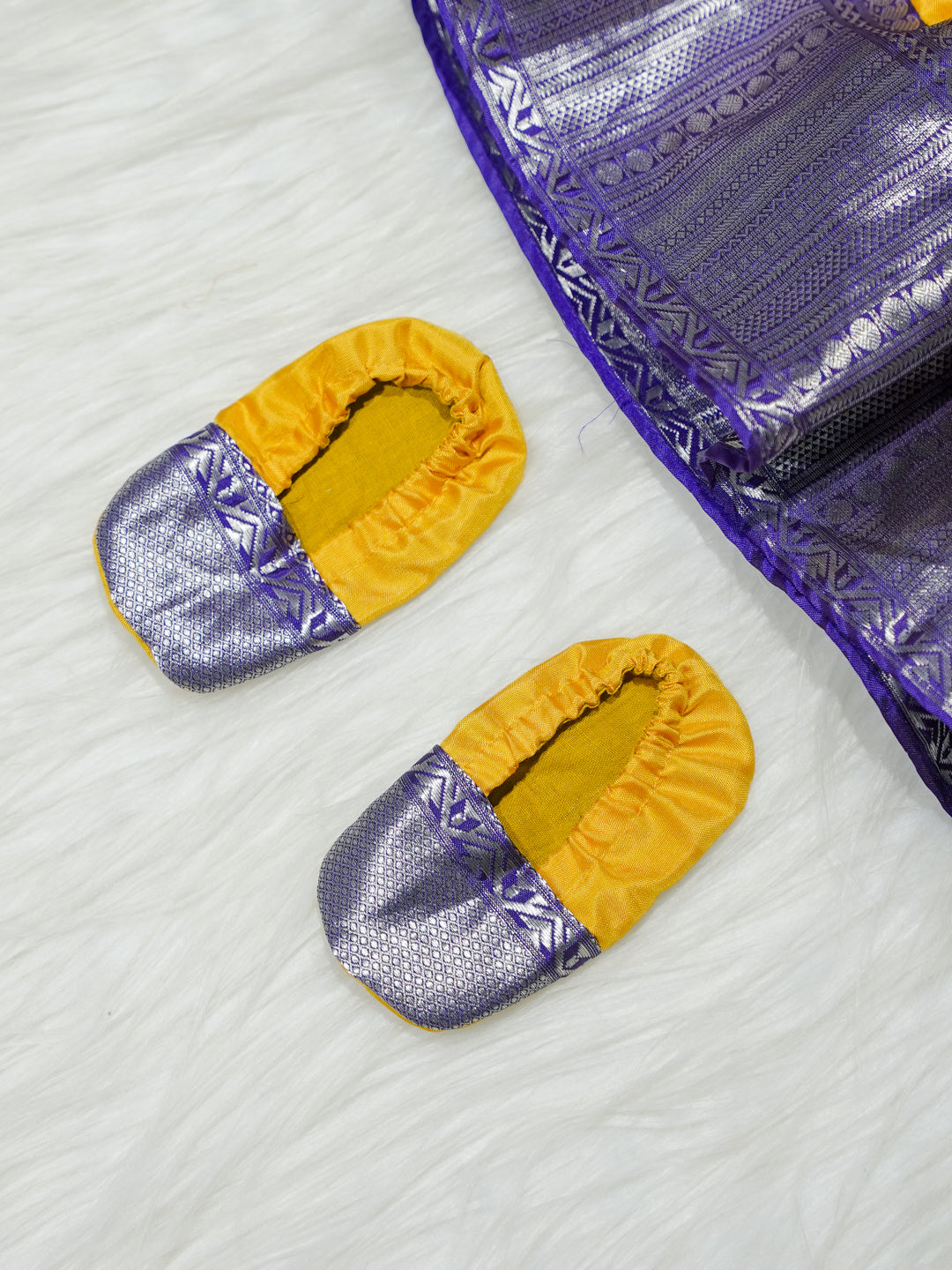 Yellow & Purple Zari Newborn Girl Gown with Booties
