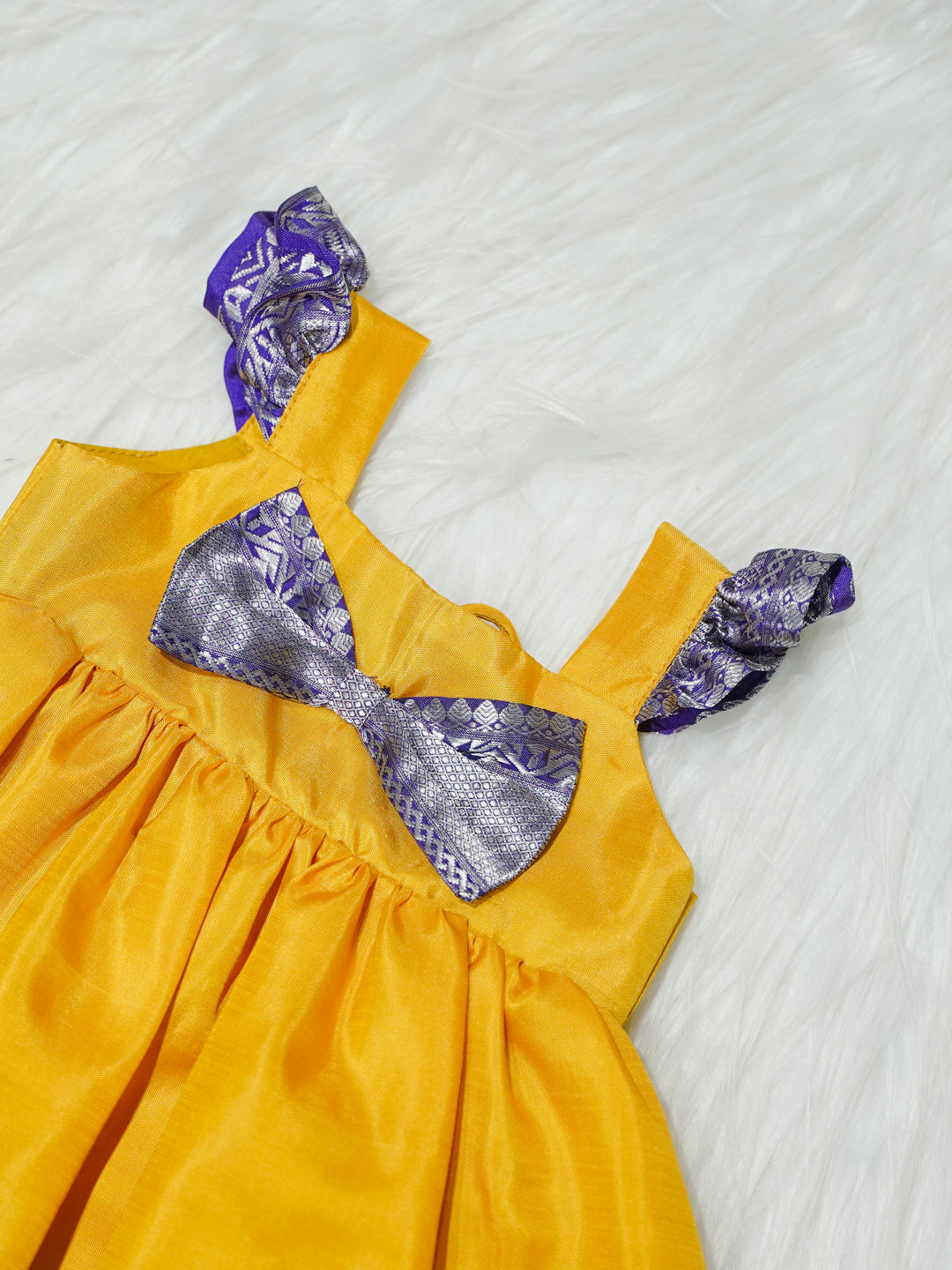 Yellow & Purple Zari Newborn Girl Gown with Booties