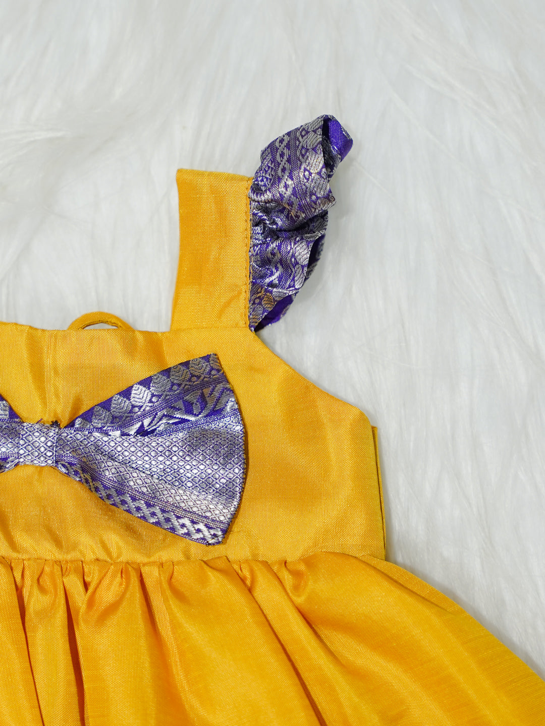 Yellow & Purple Zari Newborn Girl Gown with Booties