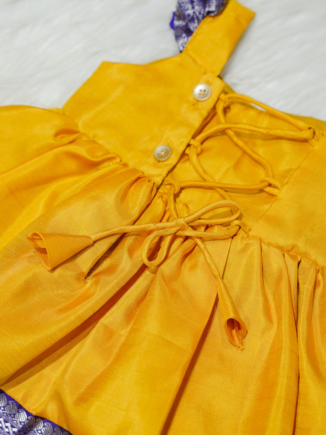 Yellow & Purple Zari Newborn Girl Gown with Booties