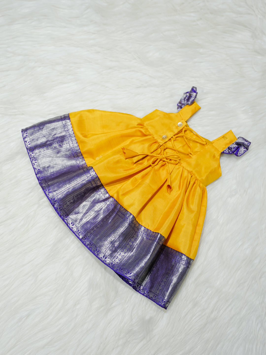 Yellow & Purple Zari Newborn Girl Gown with Booties