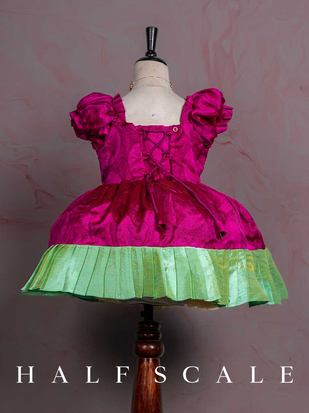 Magenta with mint green Pleated Kanchipuram Silk Pattu Frocks for Babies and Kids Wedding Dresses