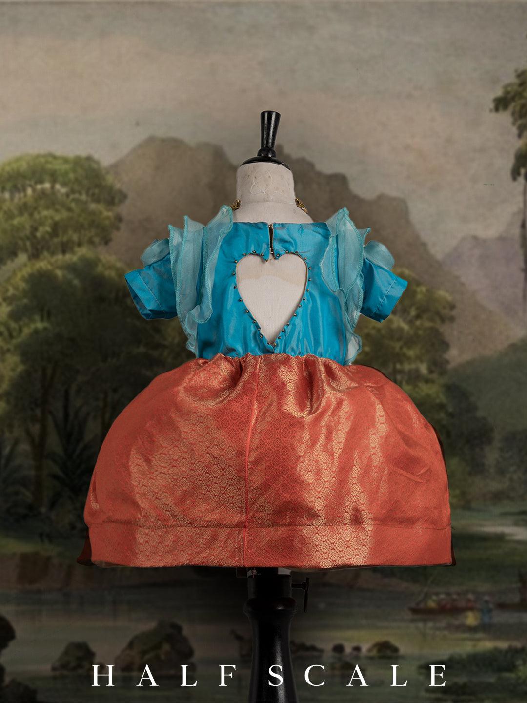 Turquoise Blue and Reddish-Orange Floral Sleeves Kanjivaram Silk Gown Silk Gown Half Scale