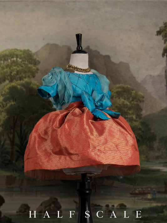 Turquoise Blue and Reddish-Orange Floral Sleeves Kanjivaram Silk Gown Silk Gown Half Scale