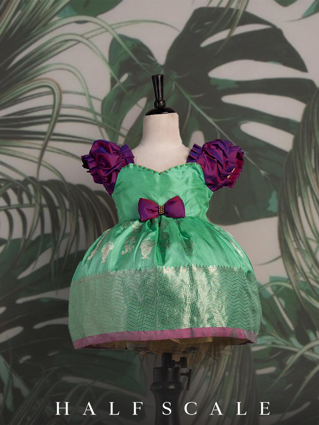 Sea Foam Green and Russian Violet Kanjivaram Silk Gown Silk Gown Half scale