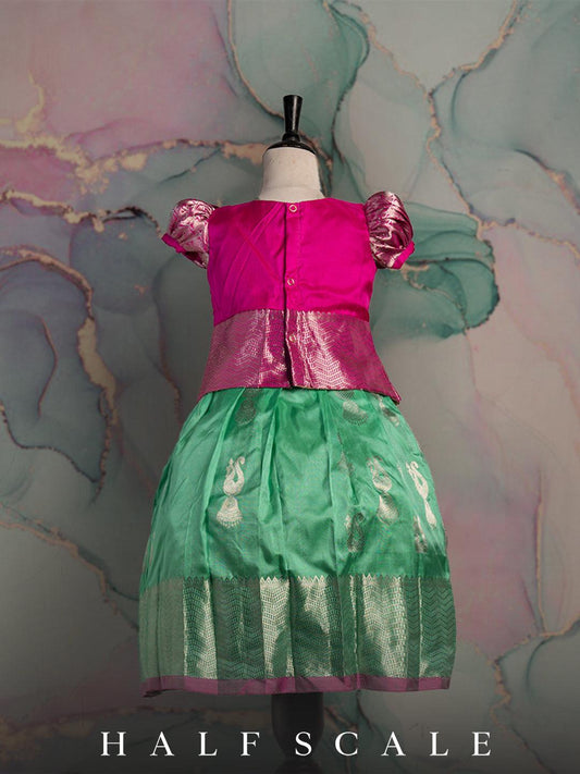 Magenta and sea foam pattu pavadai set Silk Gown Half scale