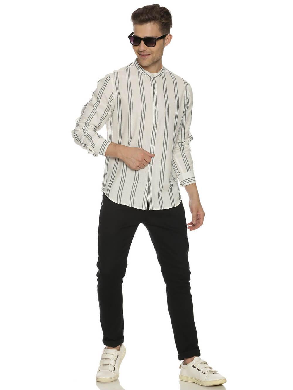 Handloom Woven White Stripes Men Slim Fit Shirt WeaversKnot 
