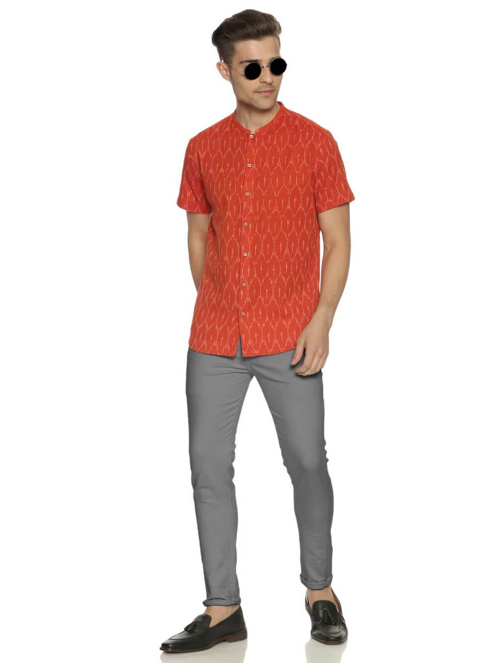 Ikat Woven Tangerine Men Slim Fit Half Sleeve Shirt WeaversKnot 