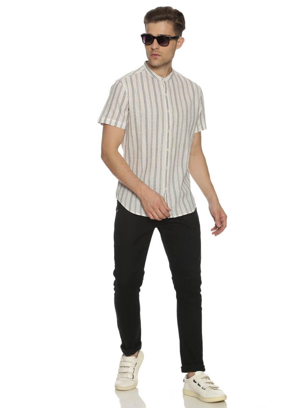 Handloom Woven White Stripes Men Slim Fit Half Sleeve Shirt WeaversKnot 