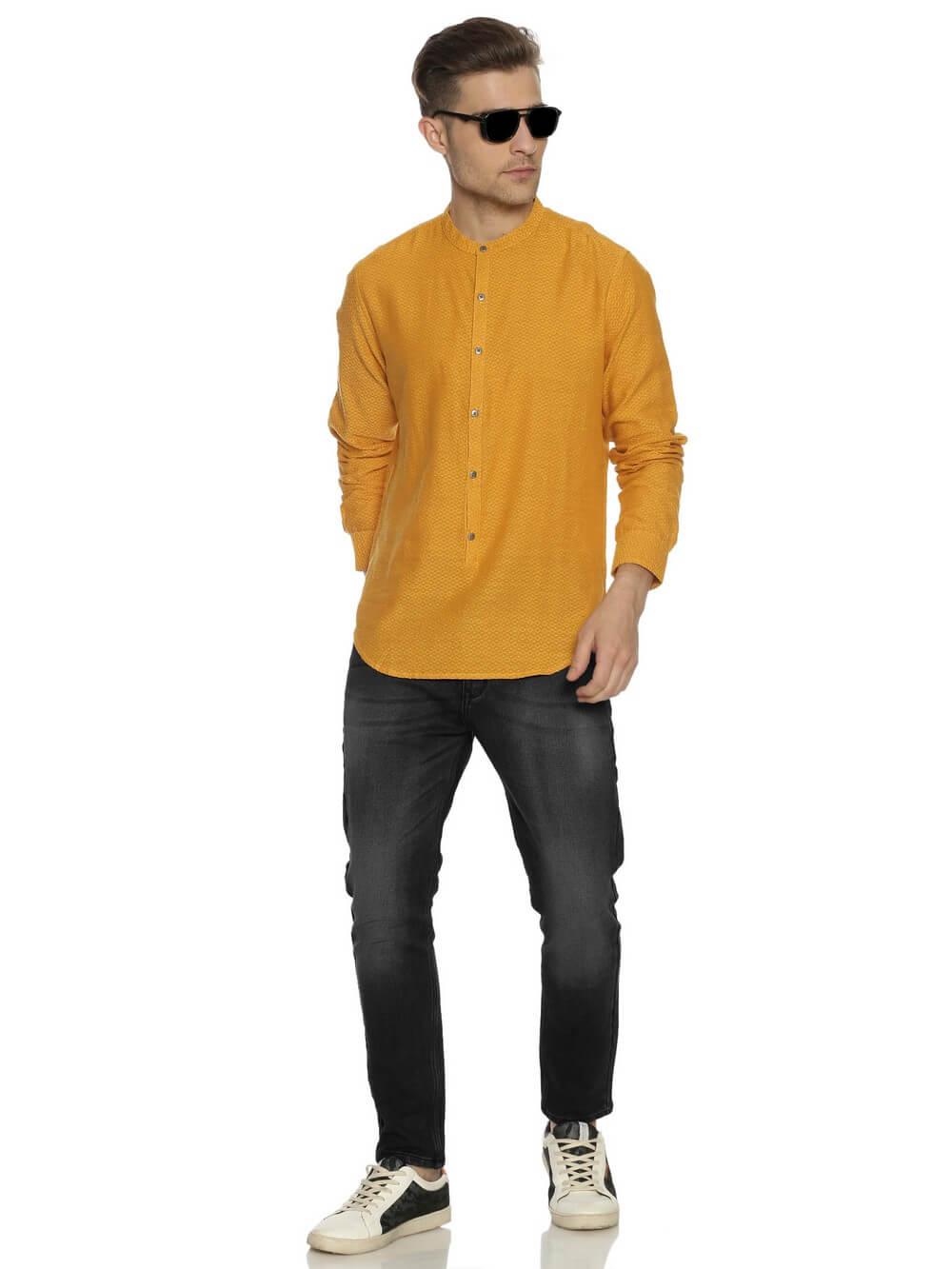 Jacquard Woven Mustard Yellow Men Slim Fit Full sleeves Shirt WeaversKnot 