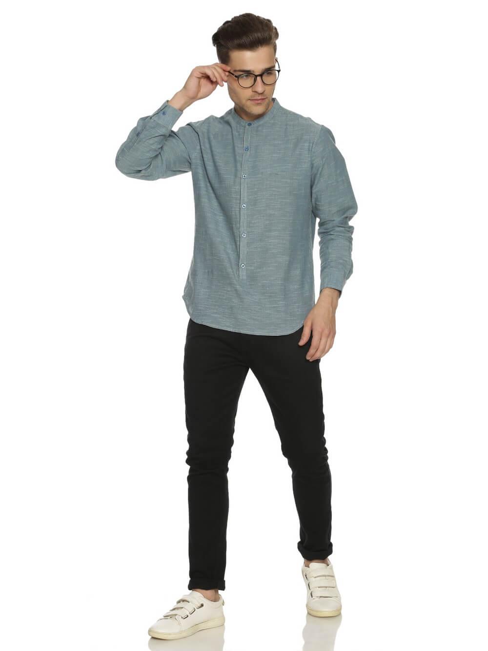 Handloom Woven Blue Men Slim Fit Shirt WeaversKnot 